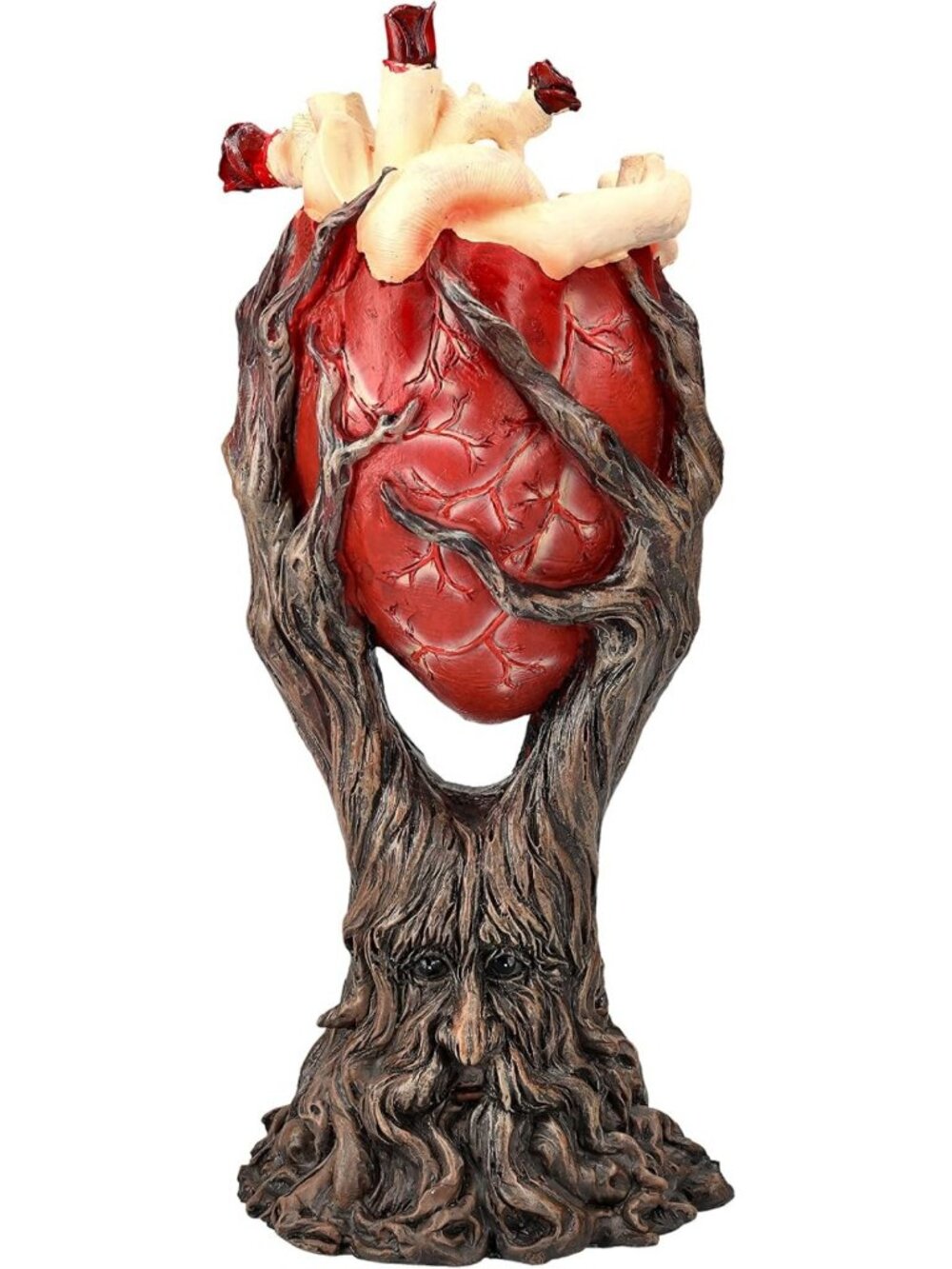 Red Anatomical Heart Tree Statue with Greenman Trunk - 13.19” Tall Figurine